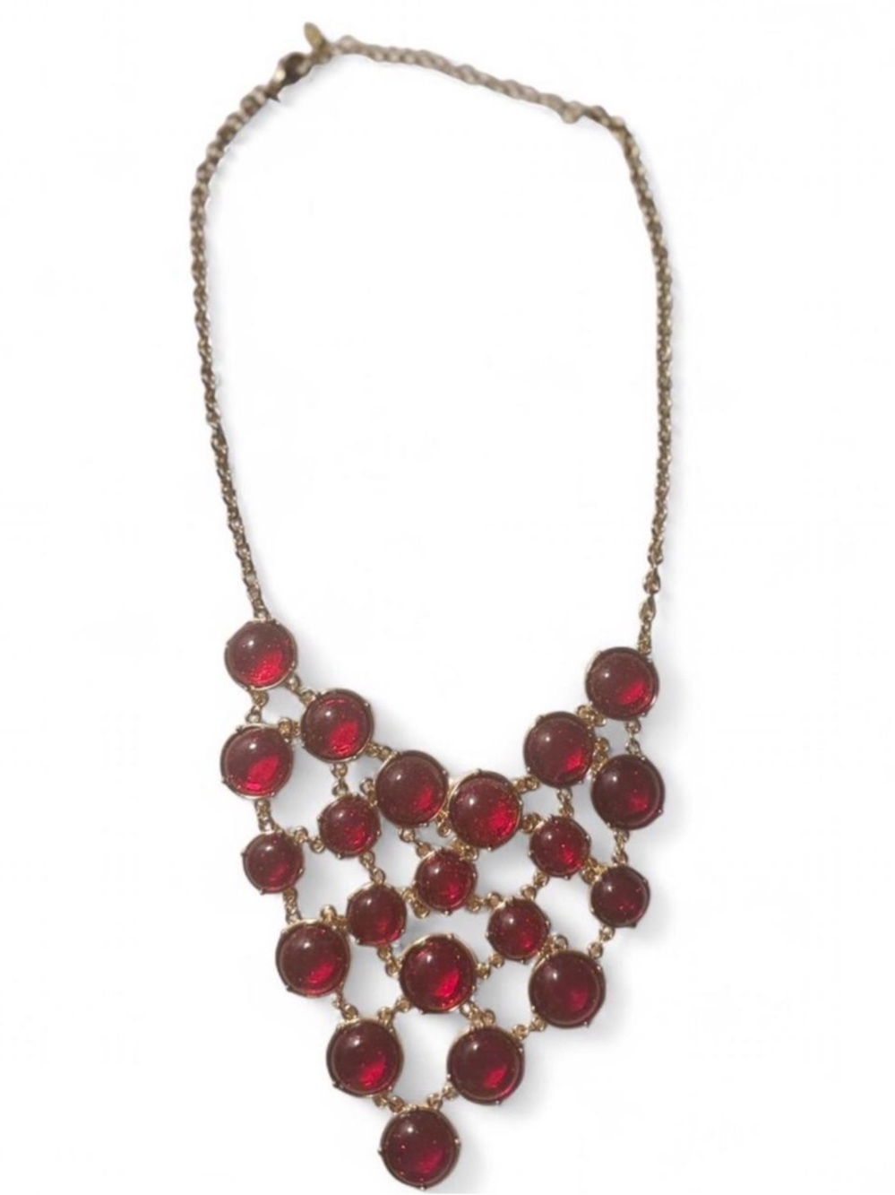 Vintage GV9 Mesh Bib Gold Necklace – Red Lucite 16” - Mother’s Day Gift!